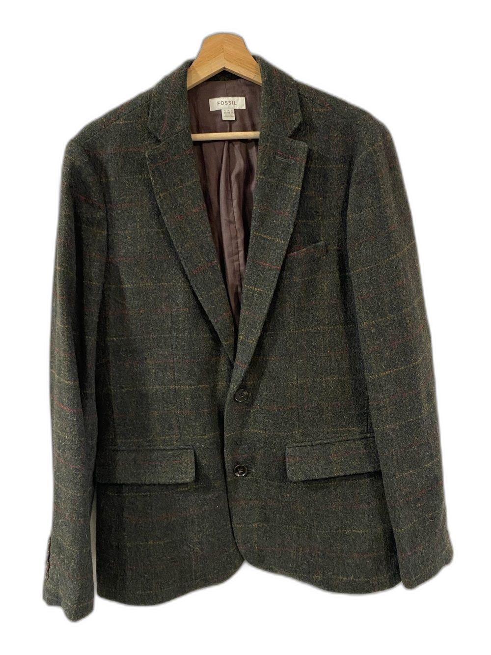 NWOT FOSSIL MENS 38 Dark Green Plaid Tweed Sport Coat Blazer Wool Blend